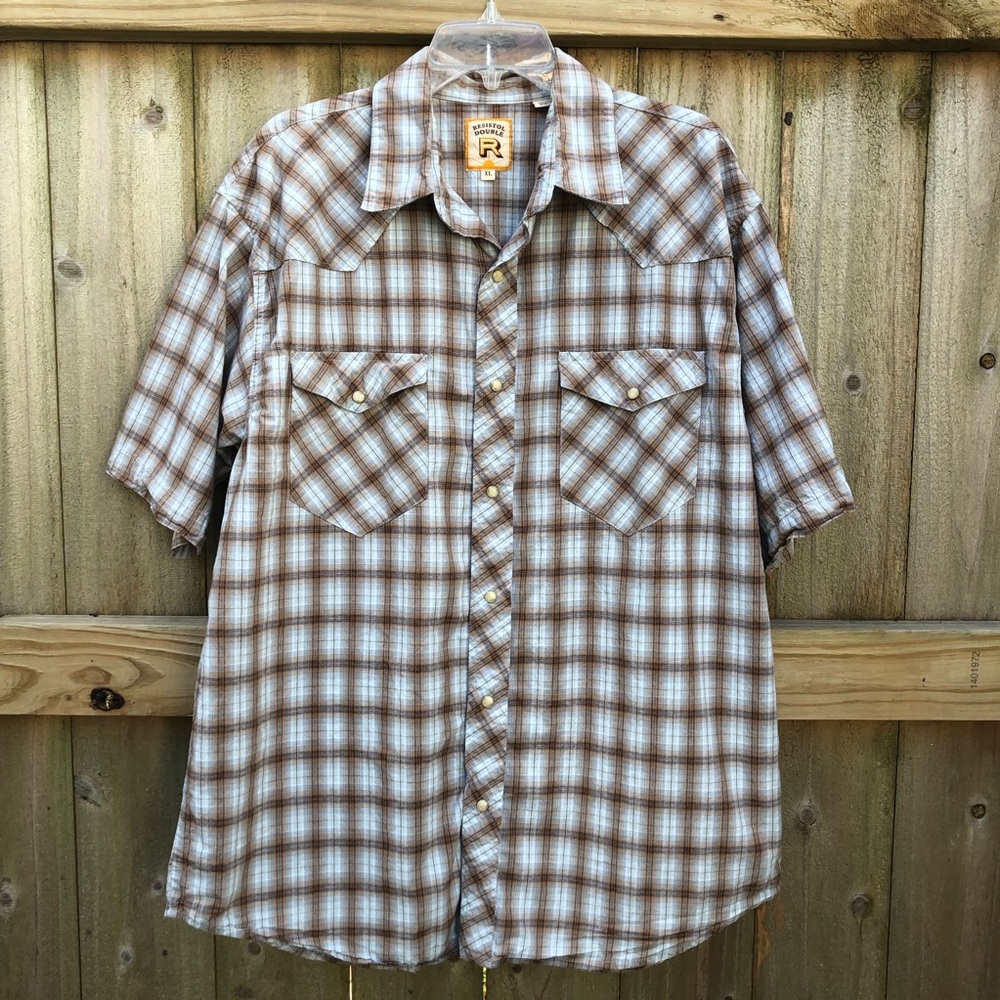 Resistol Double R Men’s Pearl Snap Shirt Size XL Plaid Brown White Western